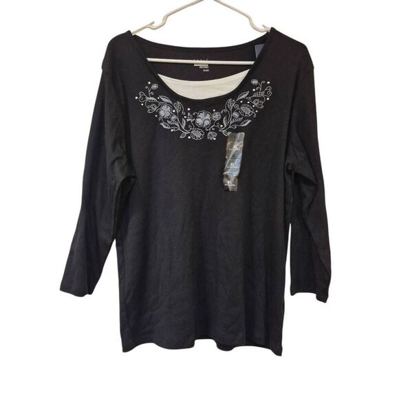 Basic Editions Women's Black Cotton/Poly Rhinestones Scoop Neck 2fer 3/4 Sleeve - Picture 1 of 9